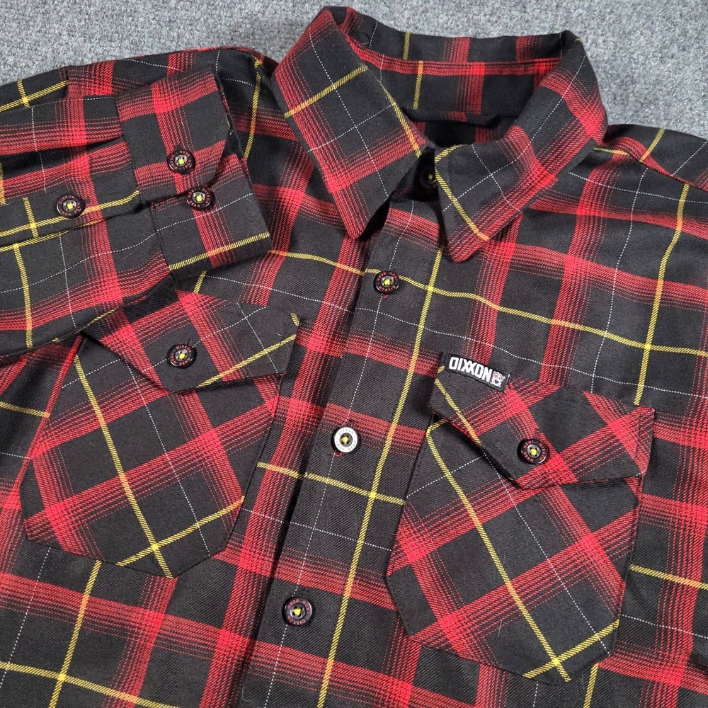 Dixxon Flannel Iron Bean Coffee Co Shirt Mens M Red Black Plaid D-Tech Button Up